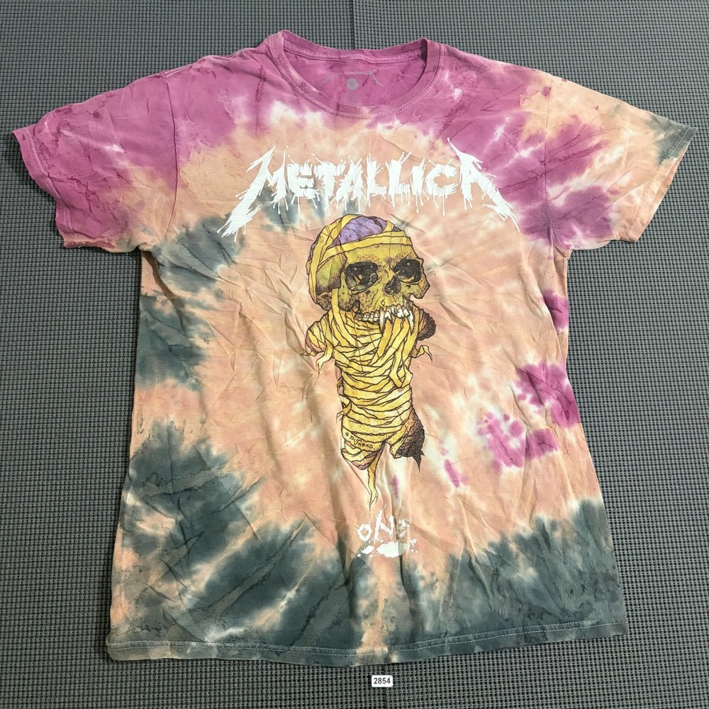 Metallica Mummy Skull Tie Dye Graphic T-Shirt Mens Size M Pink Orange Grey